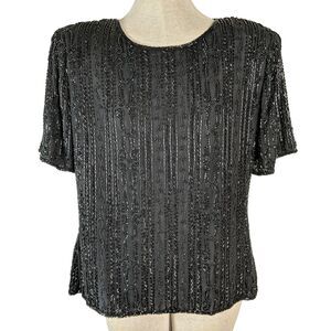 Stenay Beaded Top Black Silk Women Size XL Large Evening Vintage Back Zip Cruise